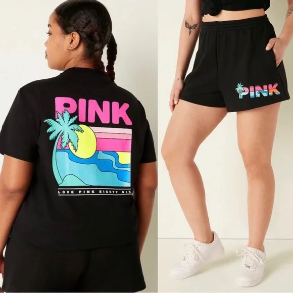 VS Pink SET Black Tropical Campus Tee & Black Tropical Shine 3.5 Campus Shorts